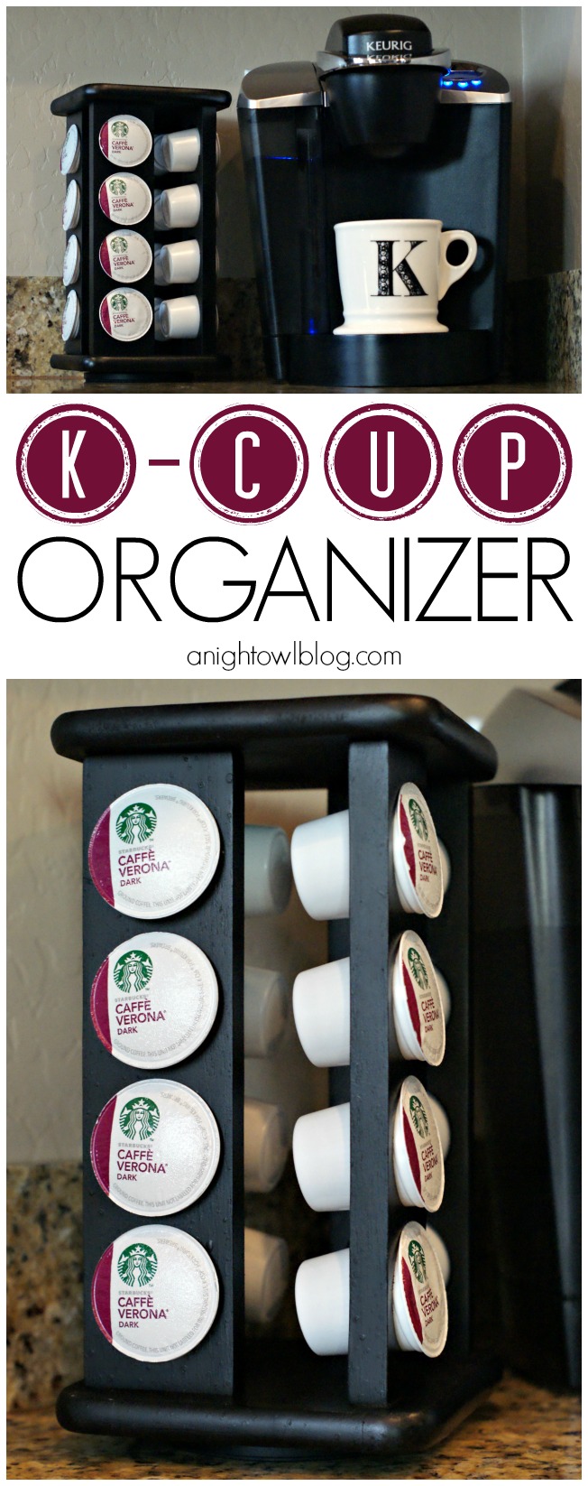 Grab an old spice rack and upcycle it into this fabulous DIY Keurig K-Cup Organizer! K-Cups fit perfectly!
