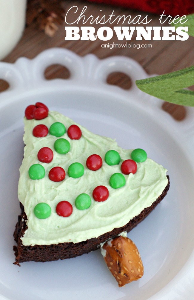 Great idea! Bake brownies in a round pan, cut into wedges, top with green frosting and Mini M&Ms for lights and add a pretzel for the tree trunk!