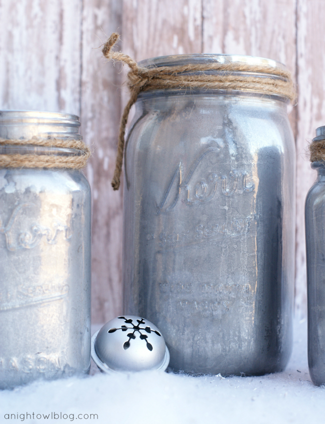 Vintage inspired mason jars painted silver for winter