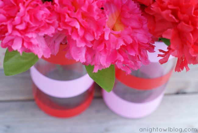 Easy Valentines Decor - Dollar Store vases, painter's tape and DecoArt Gloss Enamels that work great on glass!