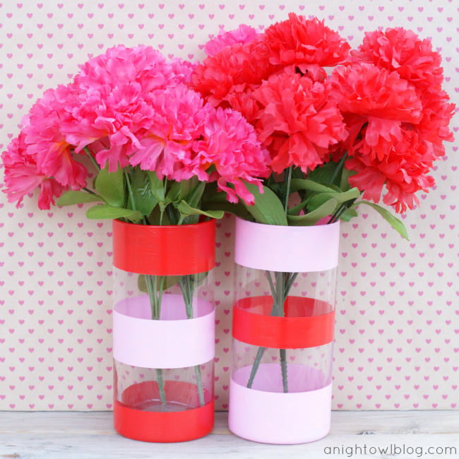 Easy Valentines Decor - Dollar Store vases, painter's tape and DecoArt Gloss Enamels that work great on glass!