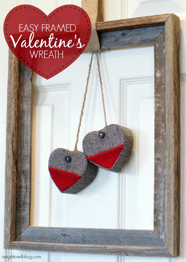 Wow - how easy! All you need is an open frame, twine, burlap and hearts to make this Easy Framed Valentine's Wreath! Learn more at anightowlblog.com
