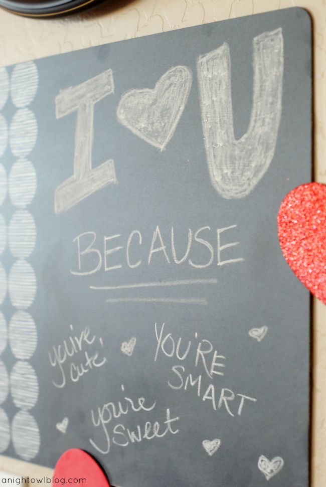 Turn a placemat into a chalkboard with DecoArt Clear Chalkboard Coating { anightowlblog.com } #valentines #chalkboard
