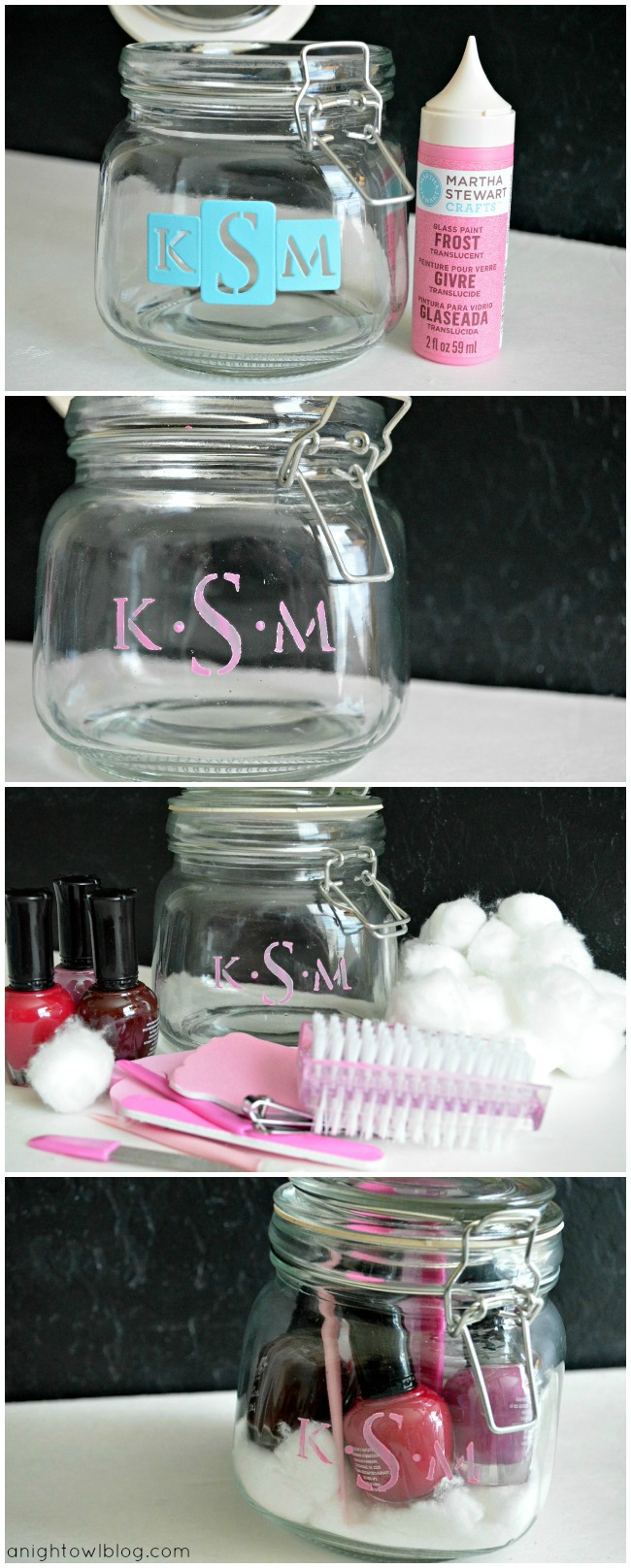 How to make a monogram jar for manicure supplies. What a fun gift idea!