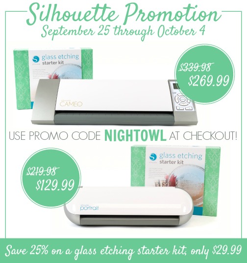 Silhouette Glass Etching Promotion | Use promo code NIGHTOWL Sept 25 - Oct 4 for a great discount!