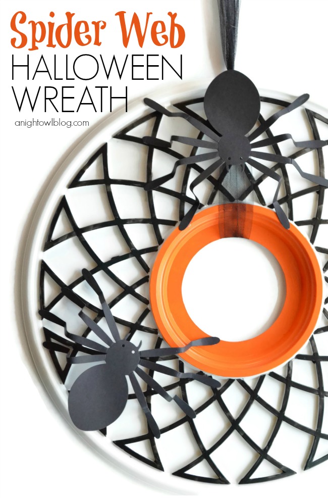 Fun and easy Spider Web Halloween Wreath made from a ceiling medalion at anightowlblog.com | #Halloween #decor #wreath
