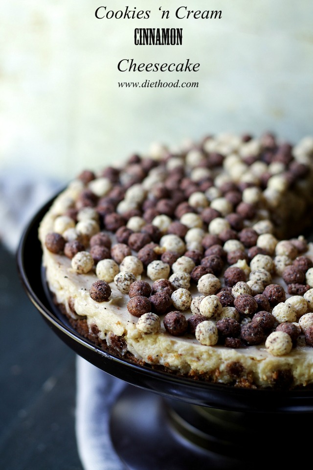 Cookies and Cream Cinnamon Cheesecake: Delicious cheesecake made with an oreo crust, a cinnamon cheesecake layer and topped with Cookies ‘n Cream Cereal.