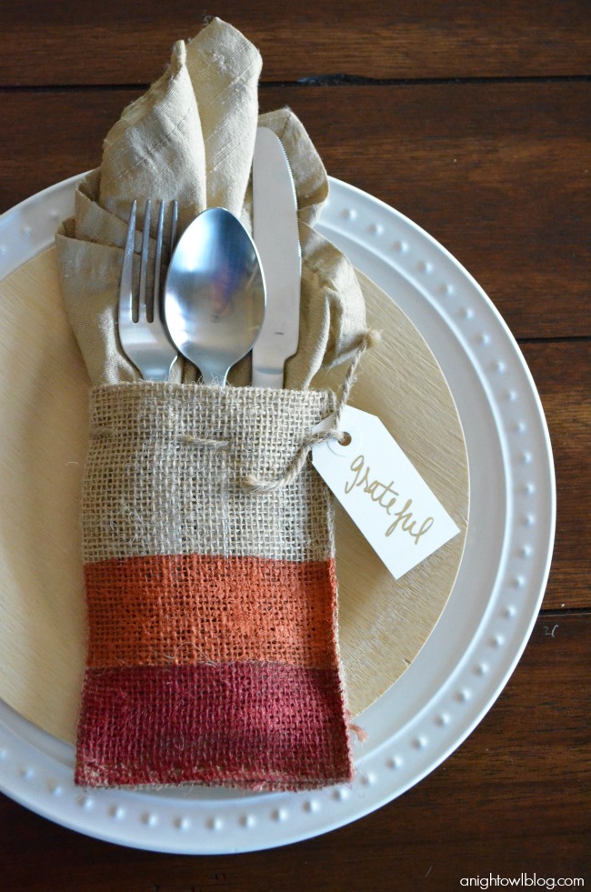 Painted Burlap Thanksgiving Place Setting with Americana Multi-Surface Satins at anightowlblog.com 