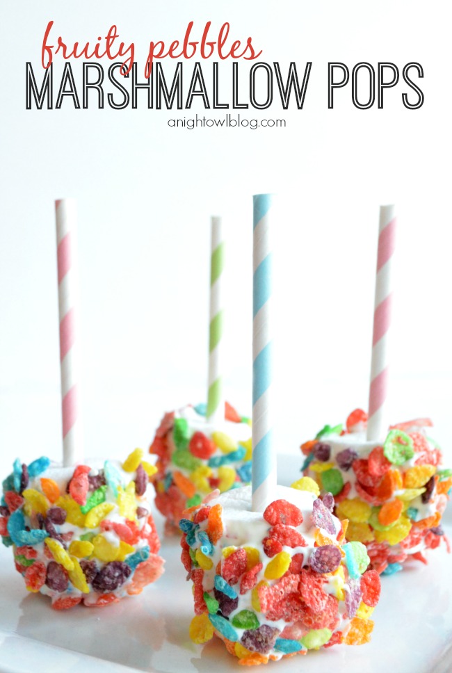 Looking for a fun treat this holiday season? Try these quick and easy Fruity Pebbles Marshmallow Pops!