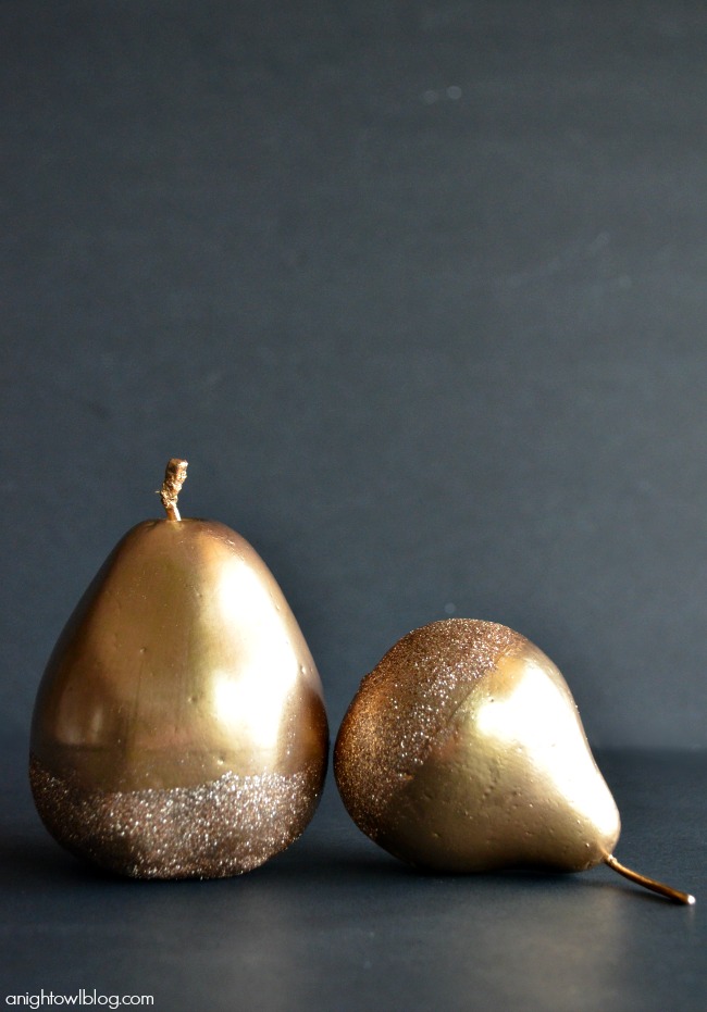 Make these beautiful Gilded Glitter Pears with #MarthaStewartCrafts gold gilding, decoupage and glitter! #12MonthsofMartha