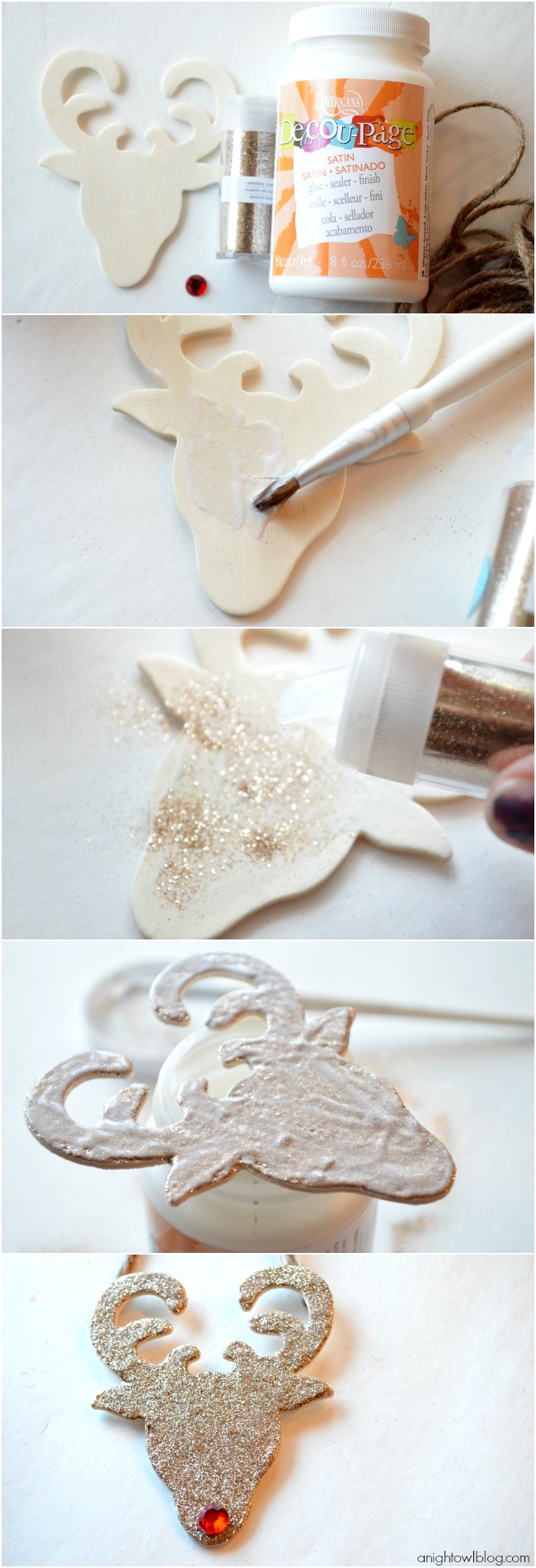 Check out the quick and easy how-to for these Glitter Reindeer Ornaments!