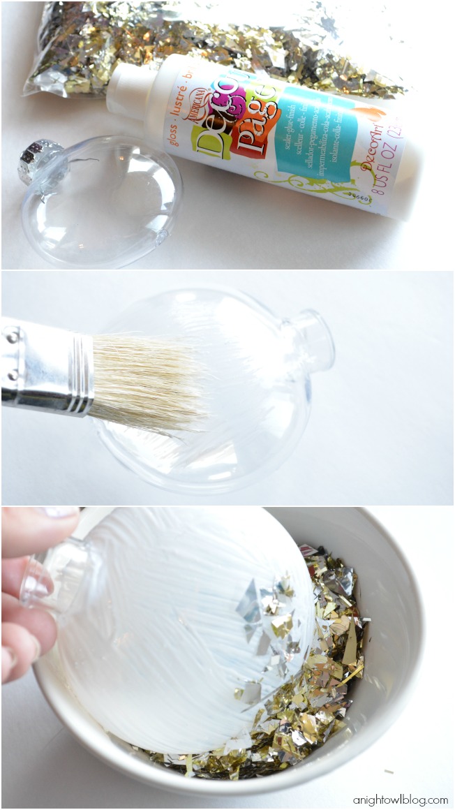 Make your own sparkly and fabulous ornaments with a little confetti and decoupage!