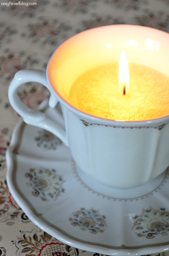 Make these DIY Teacup Candles with just a few supplies! Would make great home decor or a thoughtful gift!