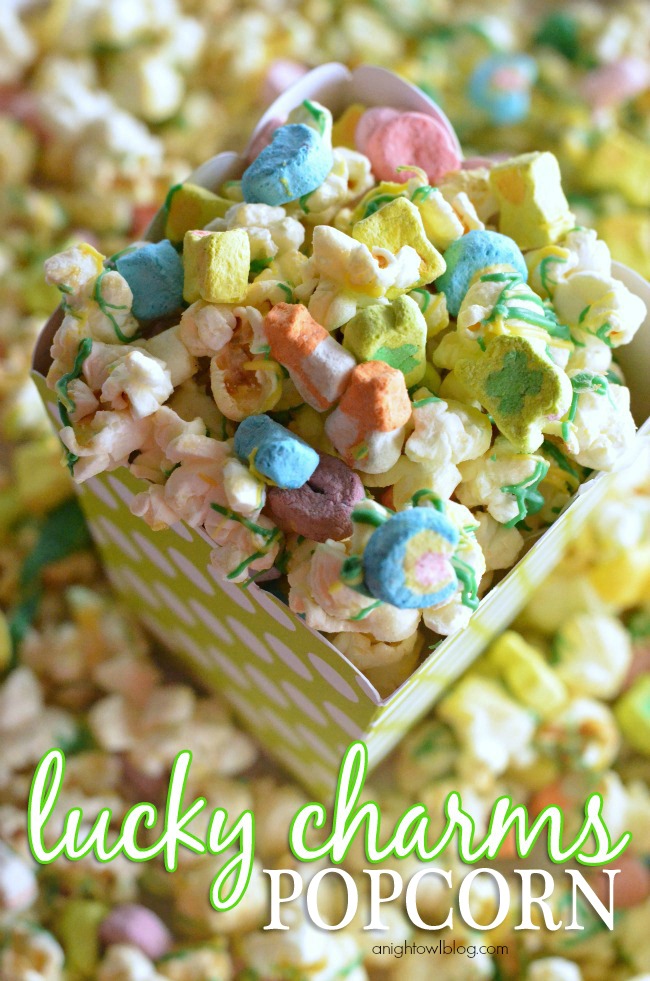 The perfect St. Patrick's Day treat! Lucky Charms Popcorn - so easy to make and so tasty - a snack the whole family will love!