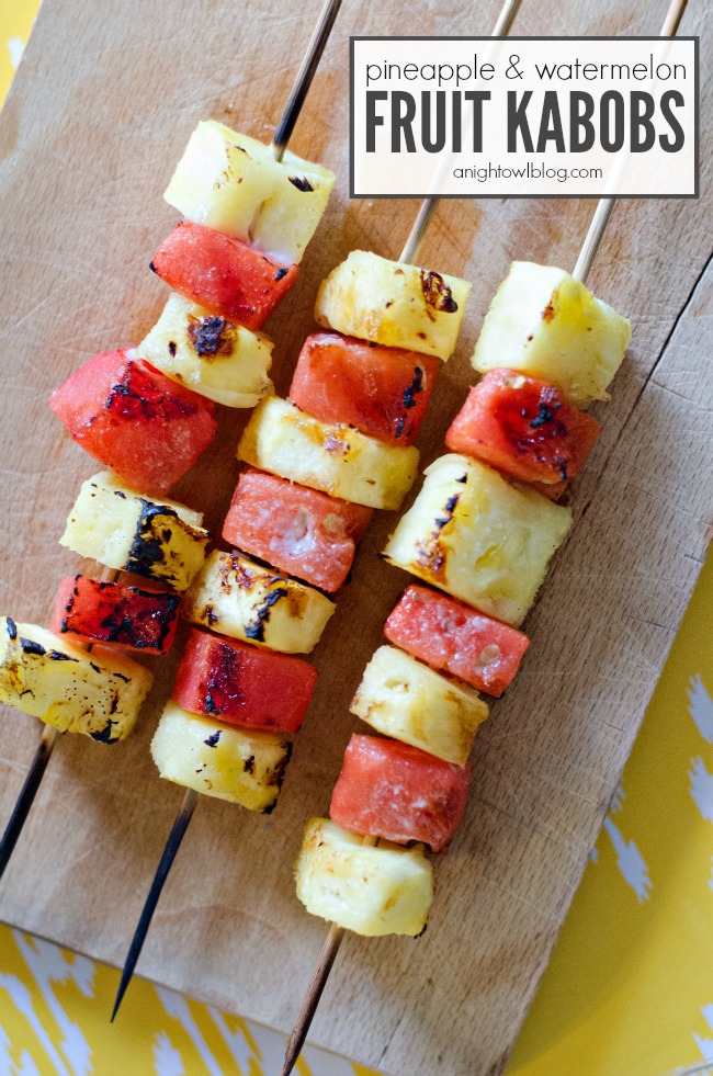 Grilled Pineapple and Watermelon Fruit Kabobs with a pina colada glaze, yum! 