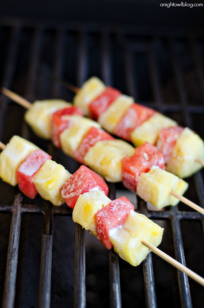 Pineapple and Watermelon Fruit Kabobs with a pina colada glaze, yum! 