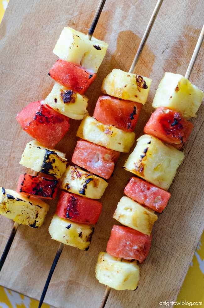Grilled Pineapple and Watermelon Fruit Kabobs with a pina colada glaze, yum! 