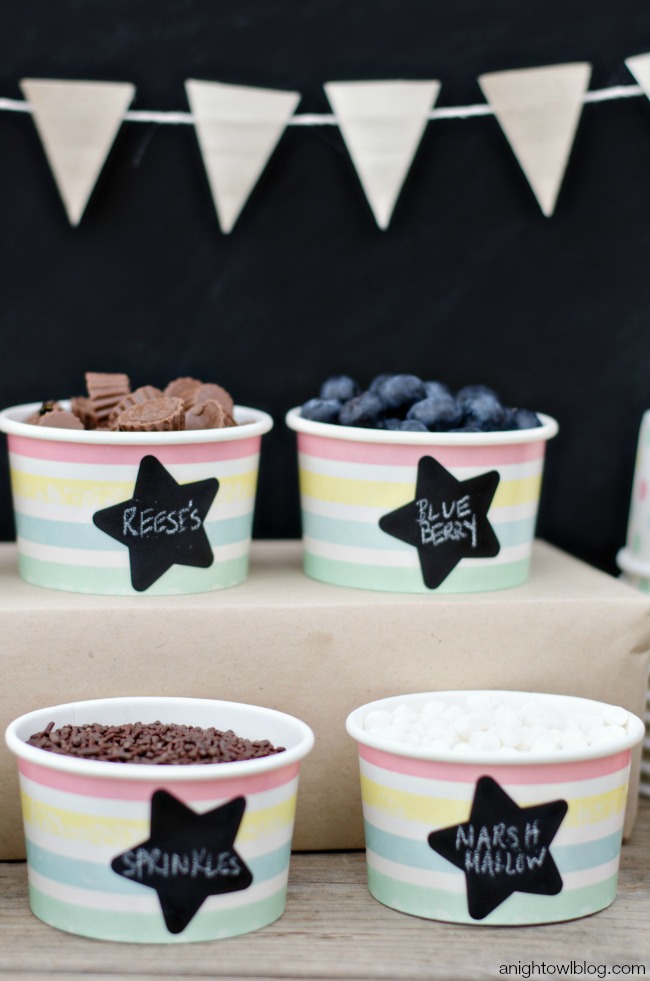 Yummy toppings and easy chalkboard labels for an Ice Cream Bar