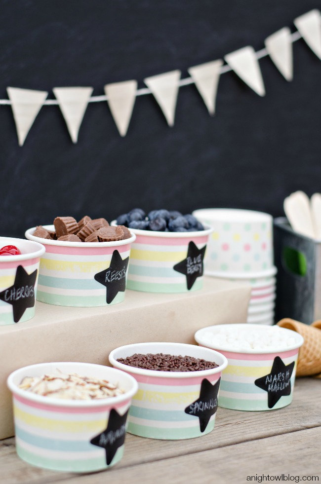 Yummy toppings and easy chalkboard labels for an Ice Cream Bar
