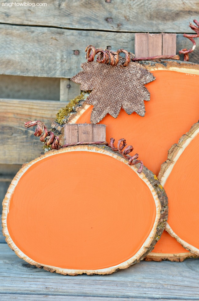 Add some color and whimsy to your Fall Decor with these easy and adorable Painted Wood Slice Pumpkins!