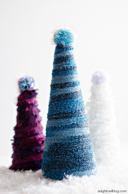 Frozen Yarn Wrapped Christmas Trees - A Night Owl Blog