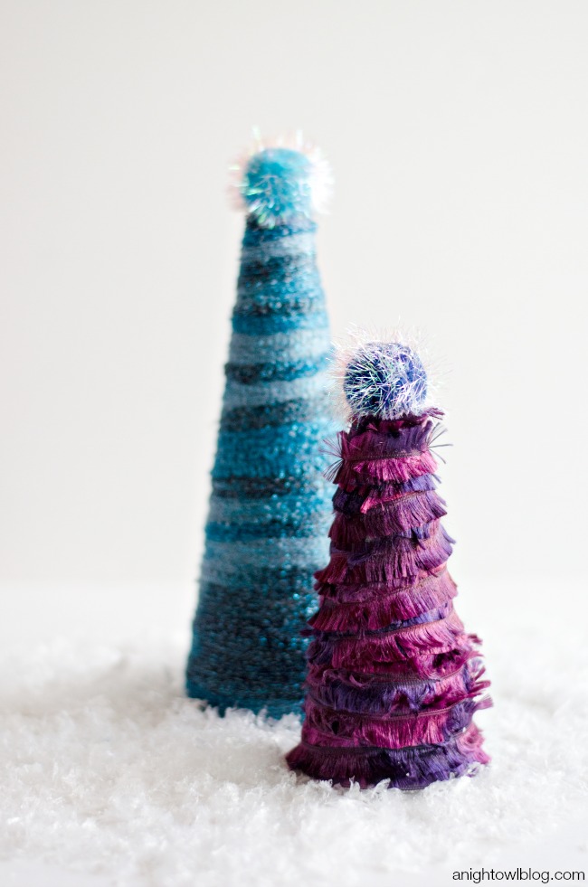 Frozen Inspired Yarn Wrapped Christmas Trees | anightowlblog.com