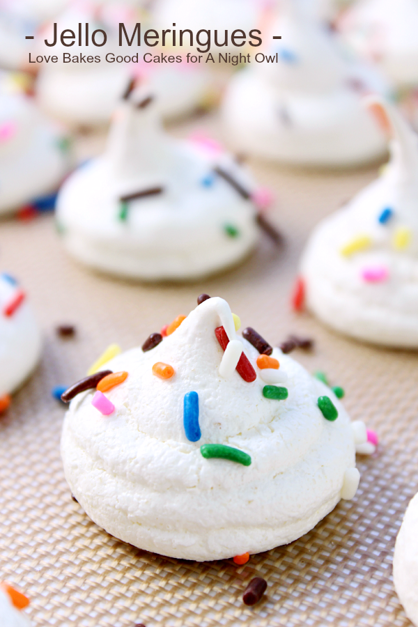 Jello Meringues are a fun and fruity dessert idea! Experiment with different flavors, add mini chocolate chips, top with sprinkles or dip them in chocolate!