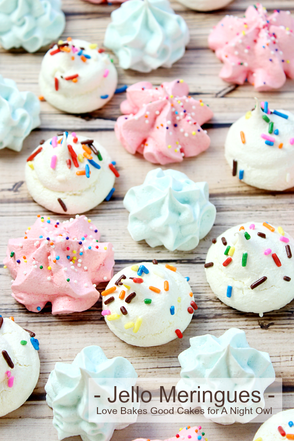 Jello Meringues are a fun and fruity dessert idea! Experiment with different flavors, add mini chocolate chips, top with sprinkles or dip them in chocolate!