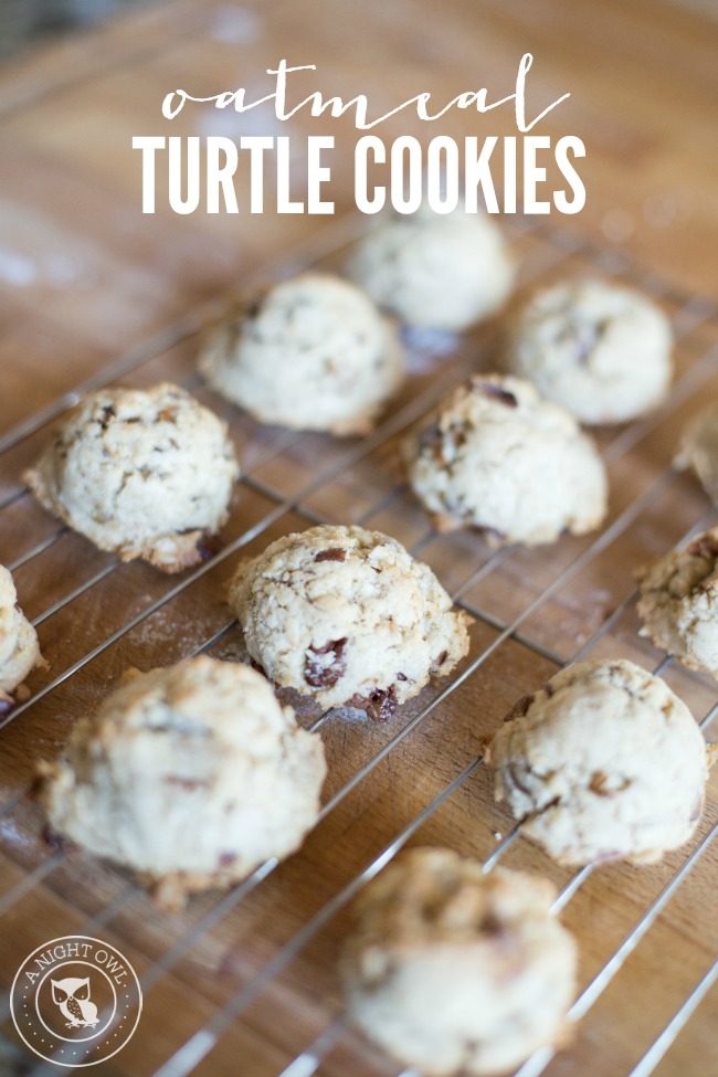 Oatmeal Turtle Cookies - delicious oatmeal cookies with caramel filled chocolate chips and pecans.