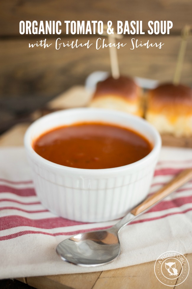 Organic Tomato and Basil Soup with Grilled Cheese Sliders