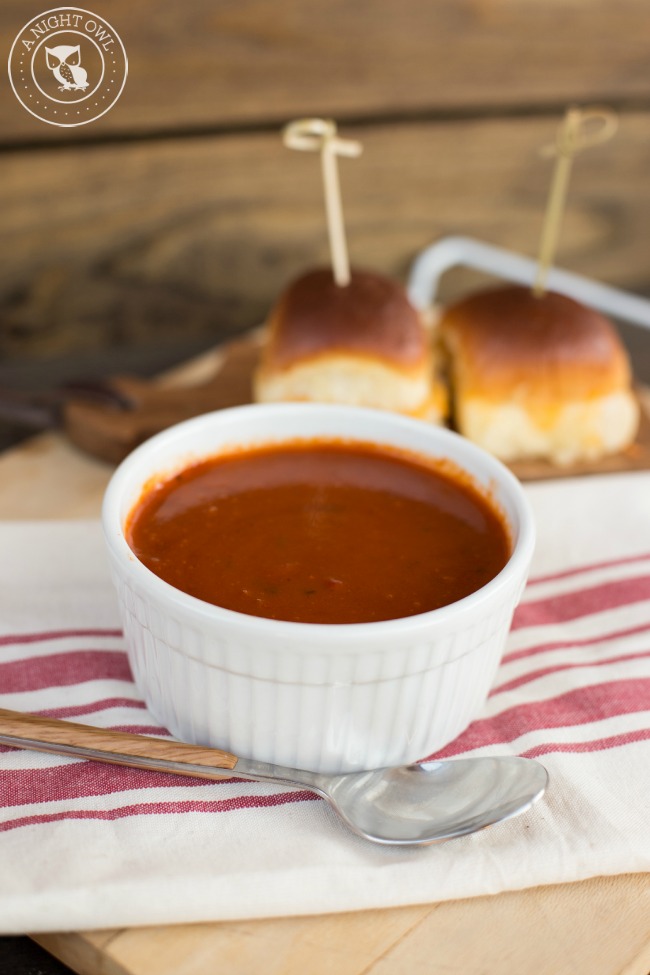 Organic Tomato and Basil Soup with Grilled Cheese Sliders