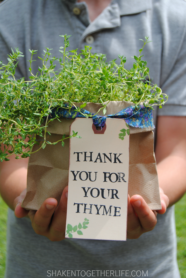 A hand stamped tag and a pretty fabric tie make these Thank You Herb Gifts the perfect Spring gift for teachers, neighbors, volunteers and more!