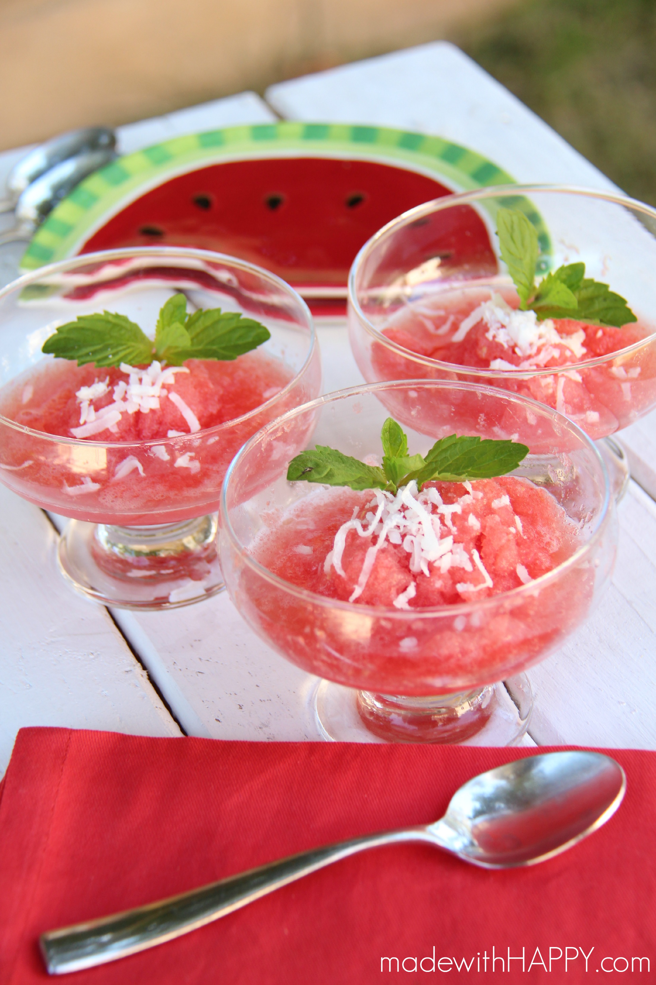 Boozy Watermelon Sorbet - a delicious combination of homemade watermelon sorbet and coconut rum. So refreshing!