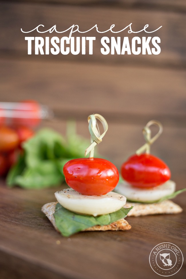 Caprese Triscuit Snacks - mozzarella, basil and tomato stacked up high on your favorite Triscuit cracker! The perfect snack!