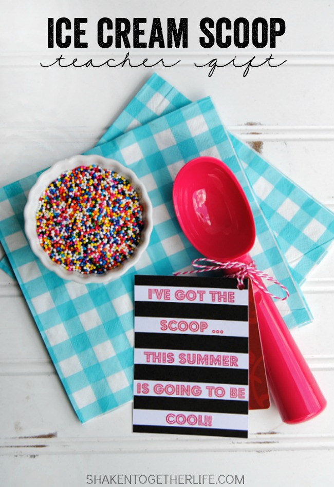 Treat your teachers to a scoop or two of ice cream with this cute Ice Cream Scoop Teacher Gift! Just grab a few gift cards, print the tags and tie them onto a colorful ice cream scoops. Great gift idea for teachers, volunteers and helpers!