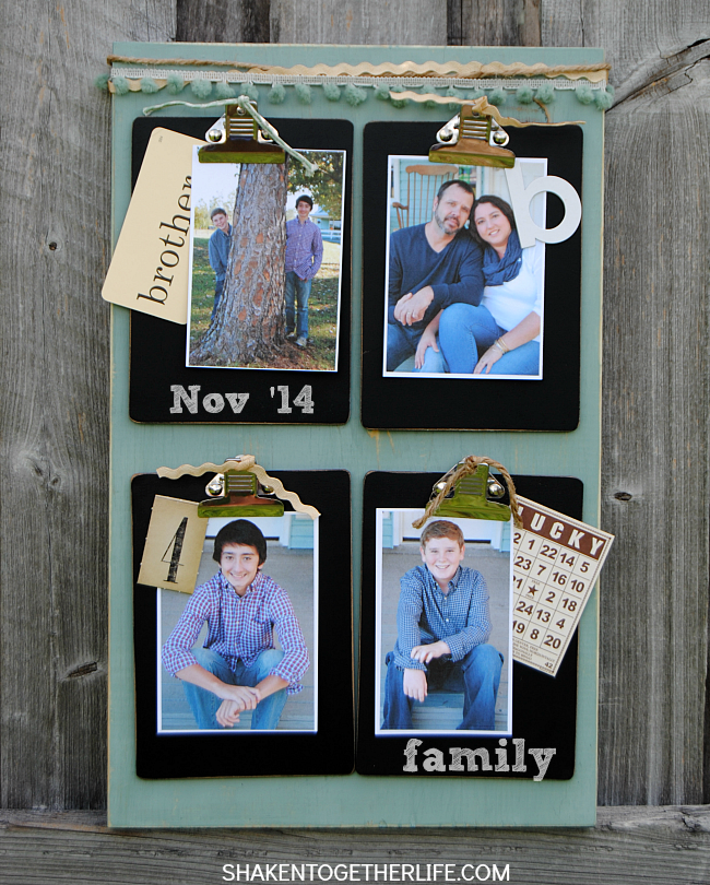 This rustic clipboard photo display is made with a scrap piece of wood and 4 mini clipboards - it is easy to make and a great way to display family photos, memorabilia and more!