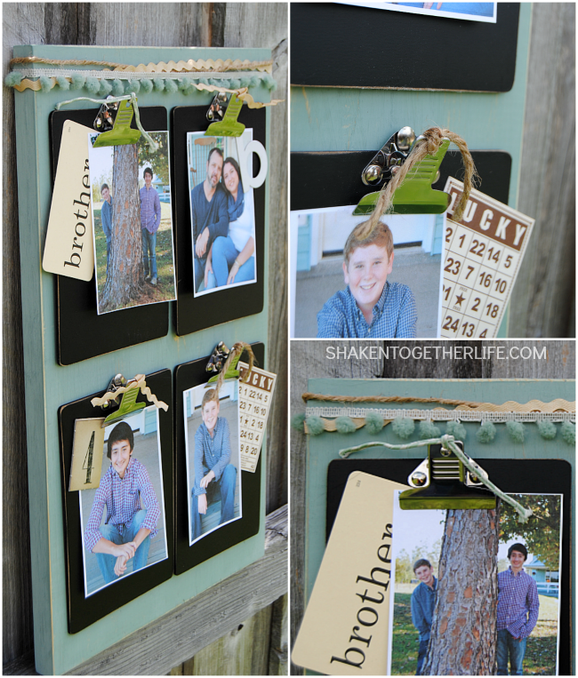 This rustic clipboard photo display is made with a scrap piece of wood and 4 mini clipboards - it is easy to make and a great way to display family photos, memorabilia and more!