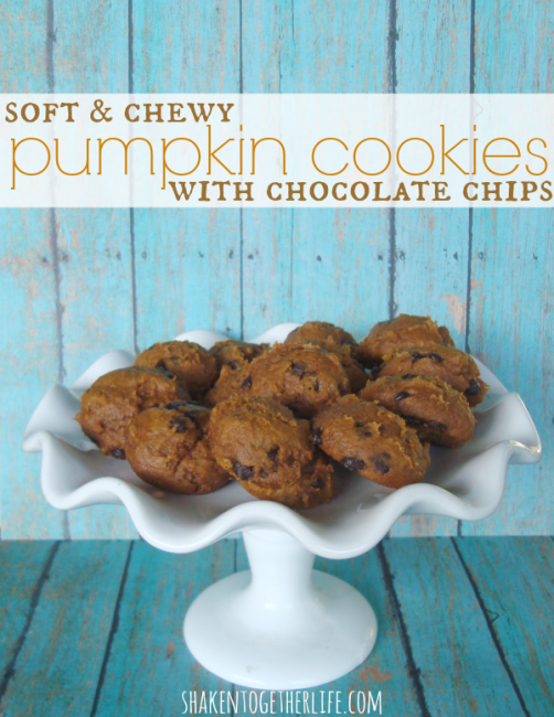 Soft and chewy pumpkin cookies with chocolate chips from Shaken Together!