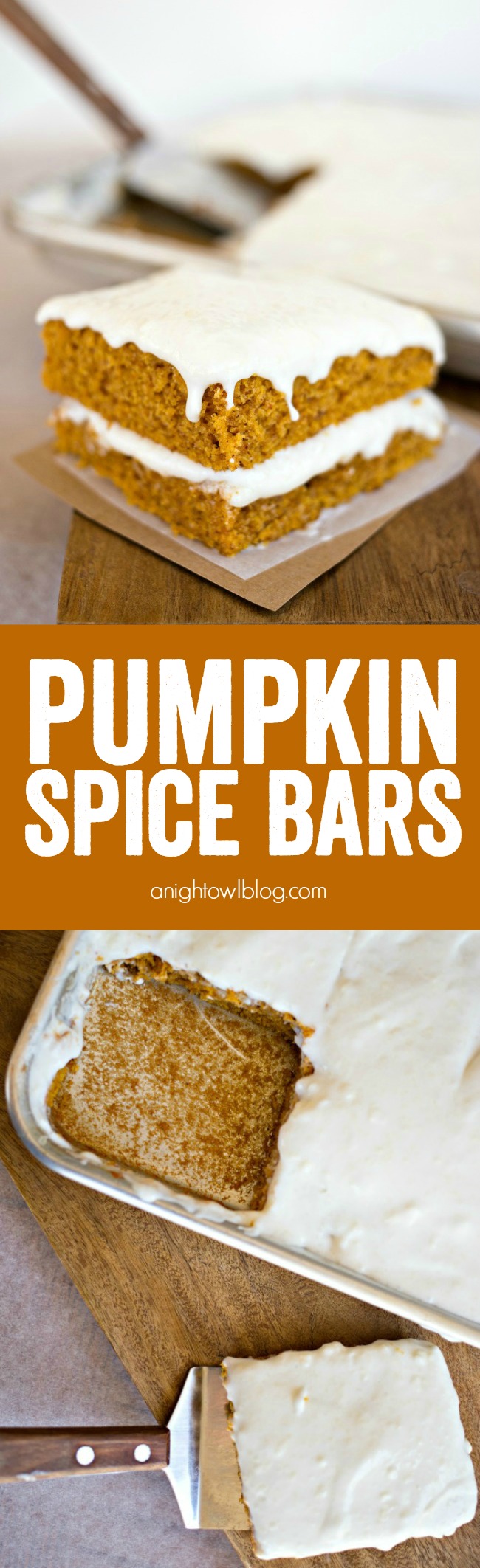 These Pumpkin Spice Bars with cream cheese frosting are moist, delicious and packed full of flavor!